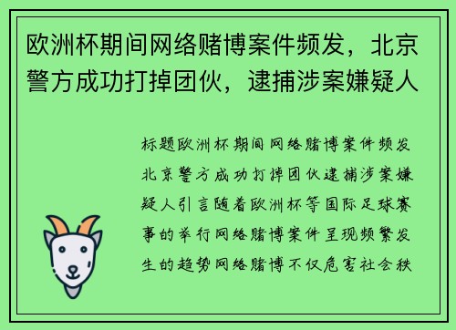 欧洲杯期间网络赌博案件频发，北京警方成功打掉团伙，逮捕涉案嫌疑人