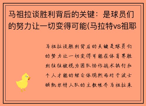马祖拉谈胜利背后的关键：是球员们的努力让一切变得可能(马拉特vs祖耶夫)